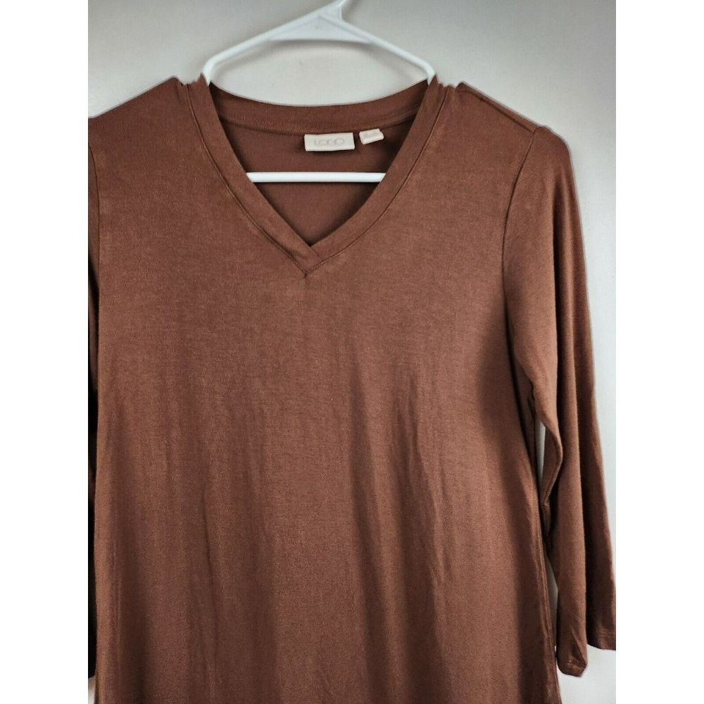 LOGO Lori Goldstein Brown Chiffon Hem 3/4 Sleeve V-Neck Tunic Top Size XS - Picture 2 of 10